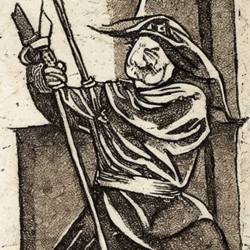 Image similar to Robin Hood stamp in medieval style, ink outline, charcoal on paper, ex libris