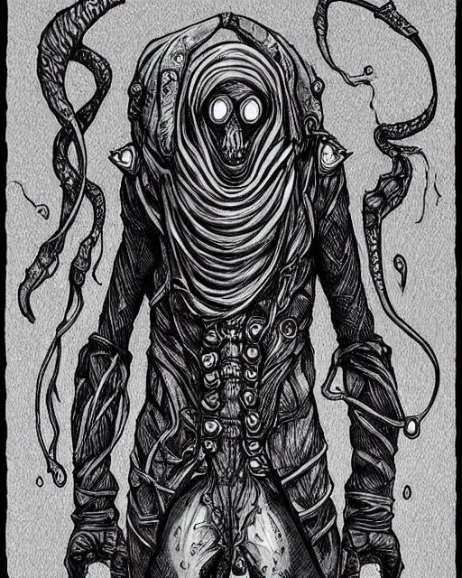 Prompt: illithid straitjacket!! black ink on paper, trending on artstation, beautiful, intricate, detailed