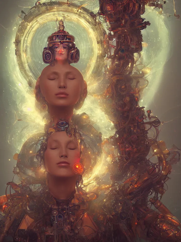 Prompt: an ancient mystical alluring female shaman generating flowing energy and surrounded by wisps of incense smoke sits meditating in a magical cybernetic robot temple, face face face, by ross tran and roberto ferri, 3 d, cinema 4 d render, trending on artstation