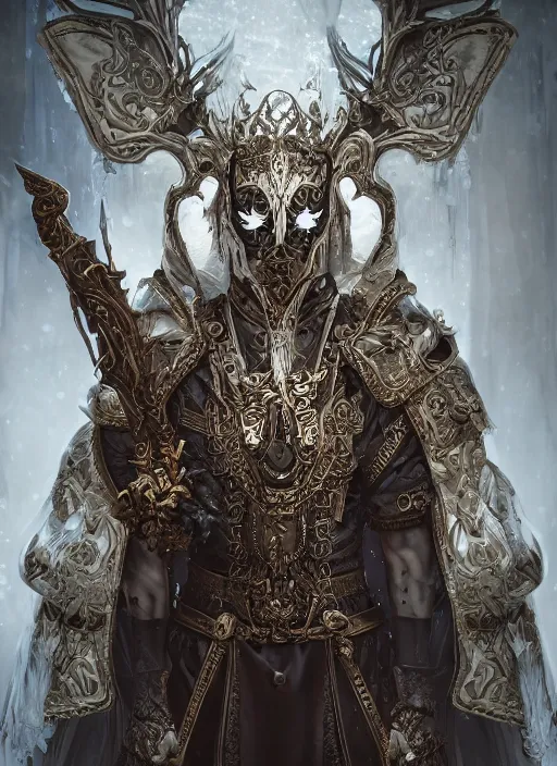 Prompt: high intricate male priest with white baroque armor and black garment, demon lord, ancient forest, maria panfilova, andrea savchenko, mike kime, ludovic plouffe, qi sheng luo, oliver cook, trending on artstation