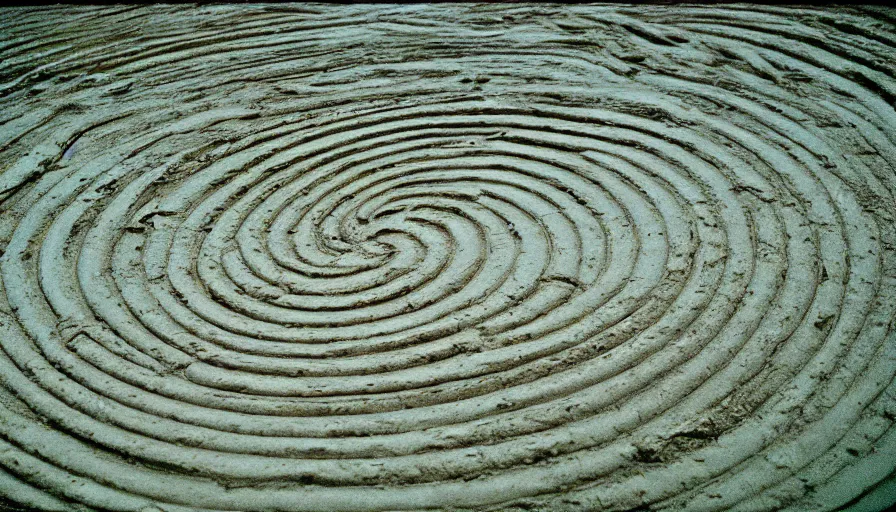 Prompt: a huge neoclassical spiral labyrinth flooded with mud, cinestill 8 0 0 t 3 5 mm, heavy grain, high quality, high detailed