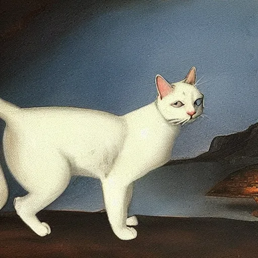 Prompt: a painting of a white cat with blue glowing eyes walking towards the viewer, in the style of leonardo da vinci.