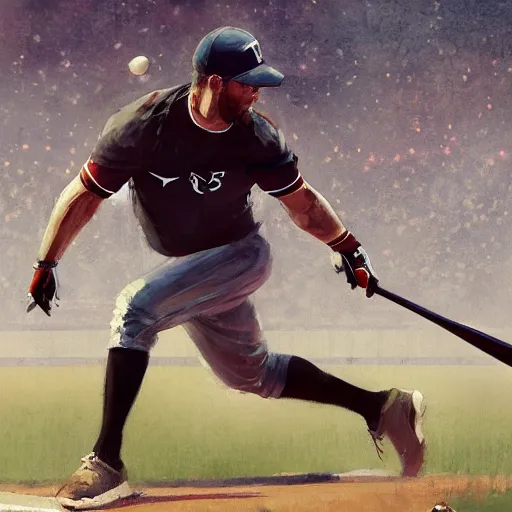 Image similar to baseball player hitting the ball with the baseball bat in the middle of the game and in front of everyone in the stadium, james gurney painting style, greg rutkowski, artstation