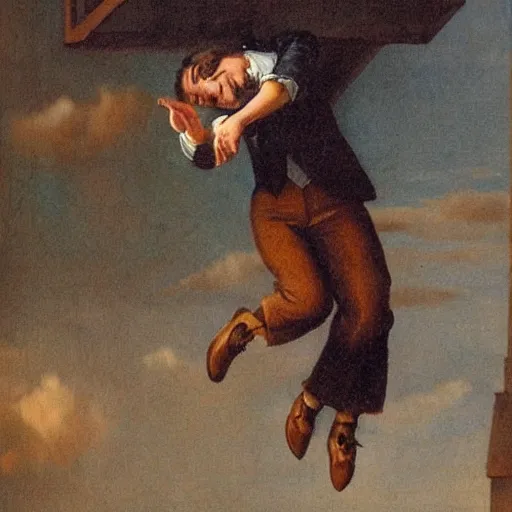 Image similar to falling from a building. guy. artwork. romanticism era.