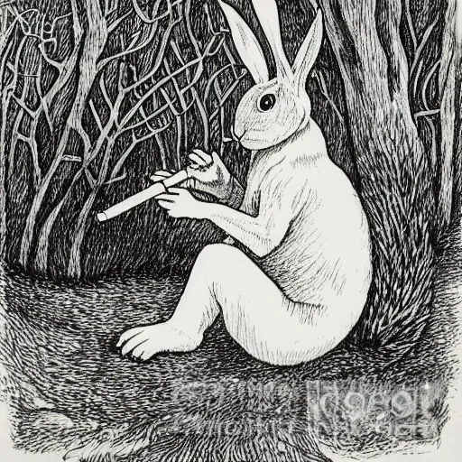 Image similar to a pen and ink drawing of a white rabbit smoking a cigarette while reclining in a deep dark tangled forest, a lingering smoke cloud, childrens book illustration, by edward gorey, by gustav dore