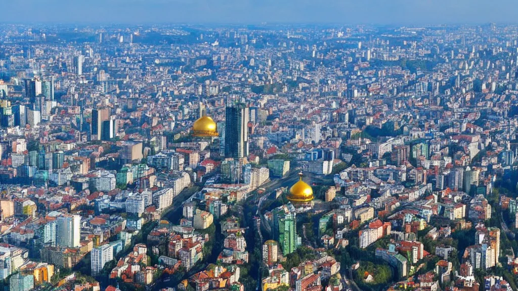 Image similar to photo of Kyiv city as a rich space colony with planet Earth seen behind it, futuristic, realistic, modern, shot from space