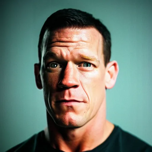 Image similar to A Medium shot of a John Cena face, captured in low light with a soft focus. There is a gentle pink hue to the image, and the John cena’s features are lightly blurred. Cinestill 800t