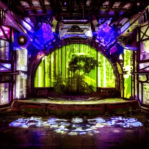 Image similar to glowing translucent theater stage in las pozas, cyberpunk, dark room, science fiction magazine, cut out collage, 4 k close up, wide angle