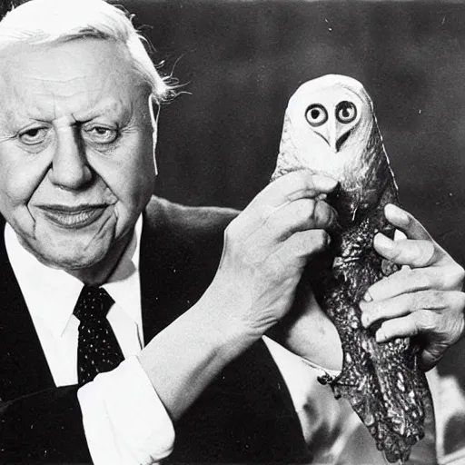 Image similar to Sir David Attenborough holding Mothman