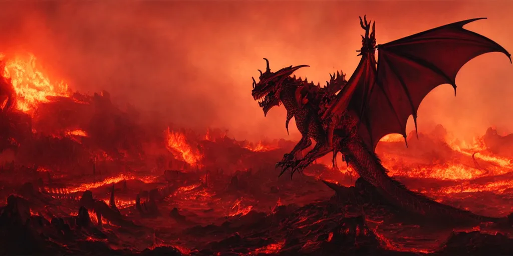 Image similar to a dragon born on the flames, post - war scenery, red - toned mist, epic environment, skeletons, ultra wide angle, 8 k, ultra _ realistic, art by nills ham and alan lee