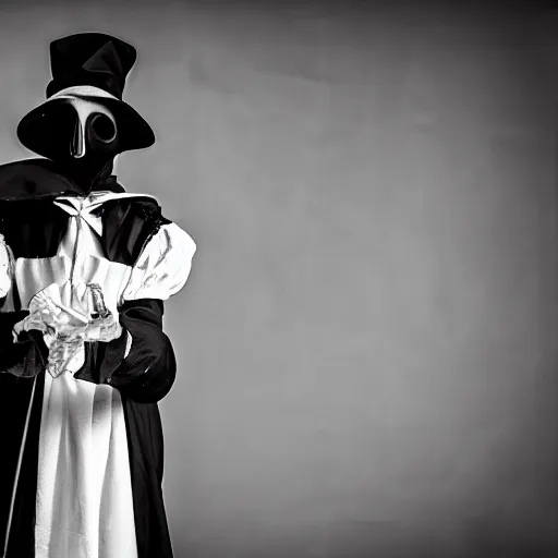 Image similar to A plague doctor wearing a french maid dress, security camera photo, 4k, black and white, ghostly, dark