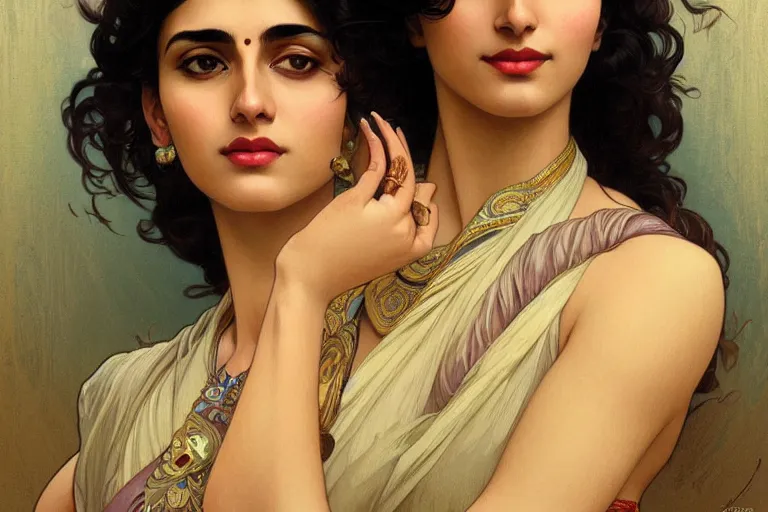 Image similar to sensual pale beautiful indian doctor in jeans, art deco portrait, elegant, intricate, digital painting, artstation, concept art, smooth, sharp focus, illustration, art by artgerm and greg rutkowski and alphonse mucha