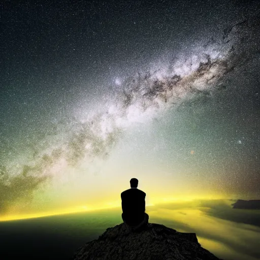 Image similar to 4K ultra HD detailed award-winning wallpaper of silhouette of man sitting on top of mountain cliff looking at huge vast sky storm Milky way