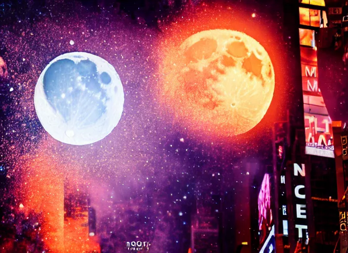 Image similar to film still of the moon shattering into pieces exploding moon over time square in the new disaster, 8 k, night time