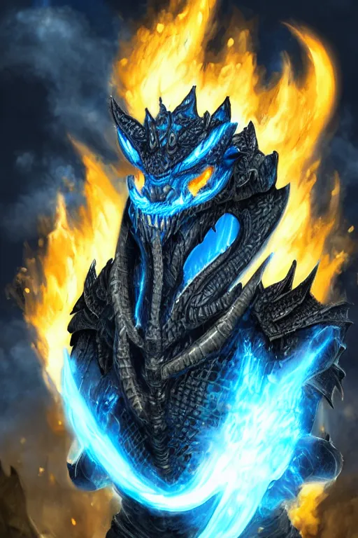 Image similar to a dark blue dragonborn with large tusks, half of his face flaming with blue flame, he wears a black dragon scales armor, digital art