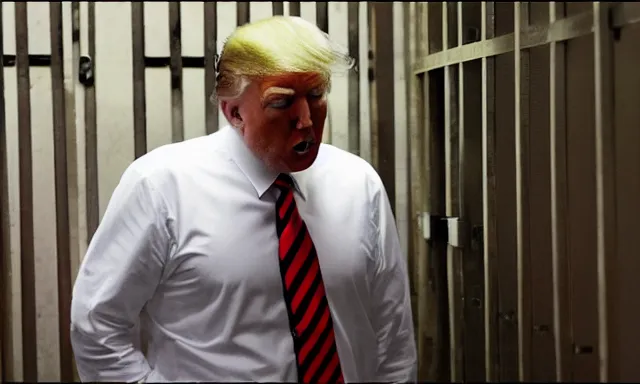 Image similar to full shot of donald trump in a dirty jail cell in guantanamo, by ken loach