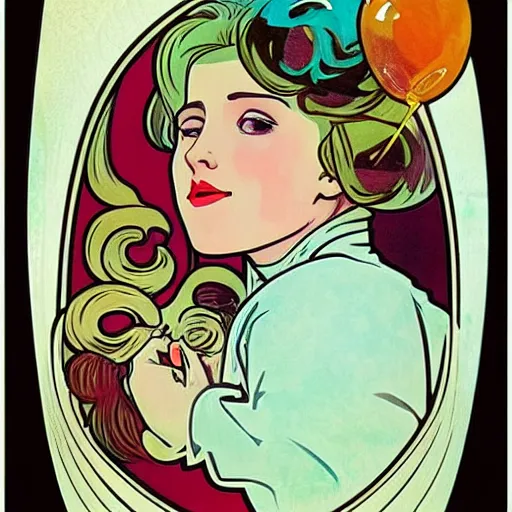 Image similar to balloon pop art in the style of alphonse mucha