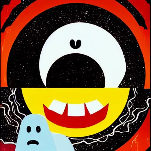 Prompt: Pac Man Ghost. By Victo Ngai. Horror Film directed by John Carpenter.