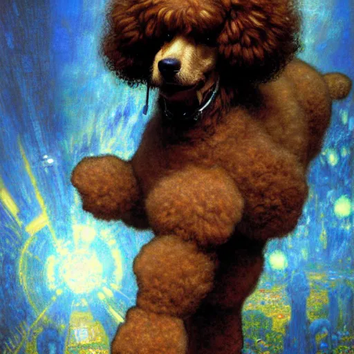 Image similar to portrait of a male furry poodle dog in jeans. shadowrun furaffiniy cyberpunk fantasy highly detailed painting by gaston bussiere craig mullins jc leyendecker gustav klimt artgerm greg rutkowski john berkey, bergey, craig mullins, ruan jia, raymond swanland, jeremy mann, tom lovell, alex malveda