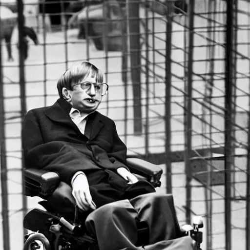 Image similar to stephen hawking in a zoo cage, photography,