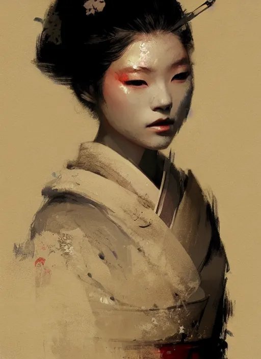 Image similar to female geisha girl, beautiful face, rule of thirds, intricate outfit, spotlight, by greg rutkowski, by jeremy mann, digital painting