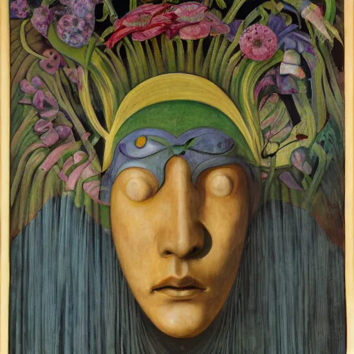 Prompt: painting of a facemask made of flowers, by annie swynnerton and jean delville and edward hopper and evelyn de morgan and rufino tamayo, art deco flower shaman, art brut, outsider art, symbolist, dramatic lighting, god rays, elaborate geometric ornament, clean crisp graphics, smooth sharp focus, extremely detailed, adolf wolfli