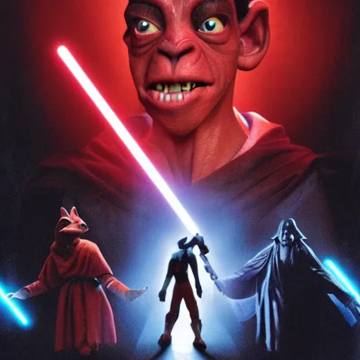 Prompt: jar jar binks unveils himself as the sith lord the whole time, movie poster -9