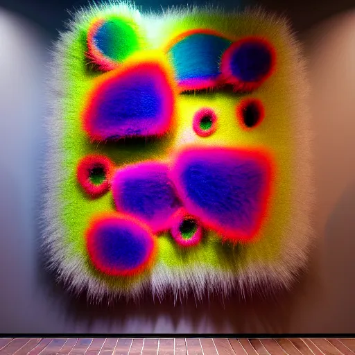 Image similar to : colorful abstract fuzzy sculpture art on the wall in modern architecture art studio soho new york, cinematic lighting, hyper - realistic, detailed, render by c 4 d octane, unreal engine, 8 k 3 d render