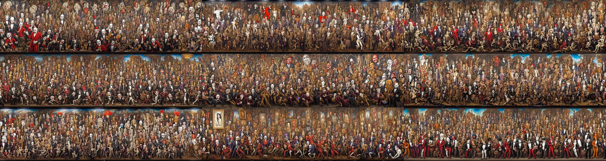 Prompt: a luxurious, triumphant, and ultradetailed mural, depicting a vampire gallery exhibition of a hundred unique framed hyperrealist portraits of clowns