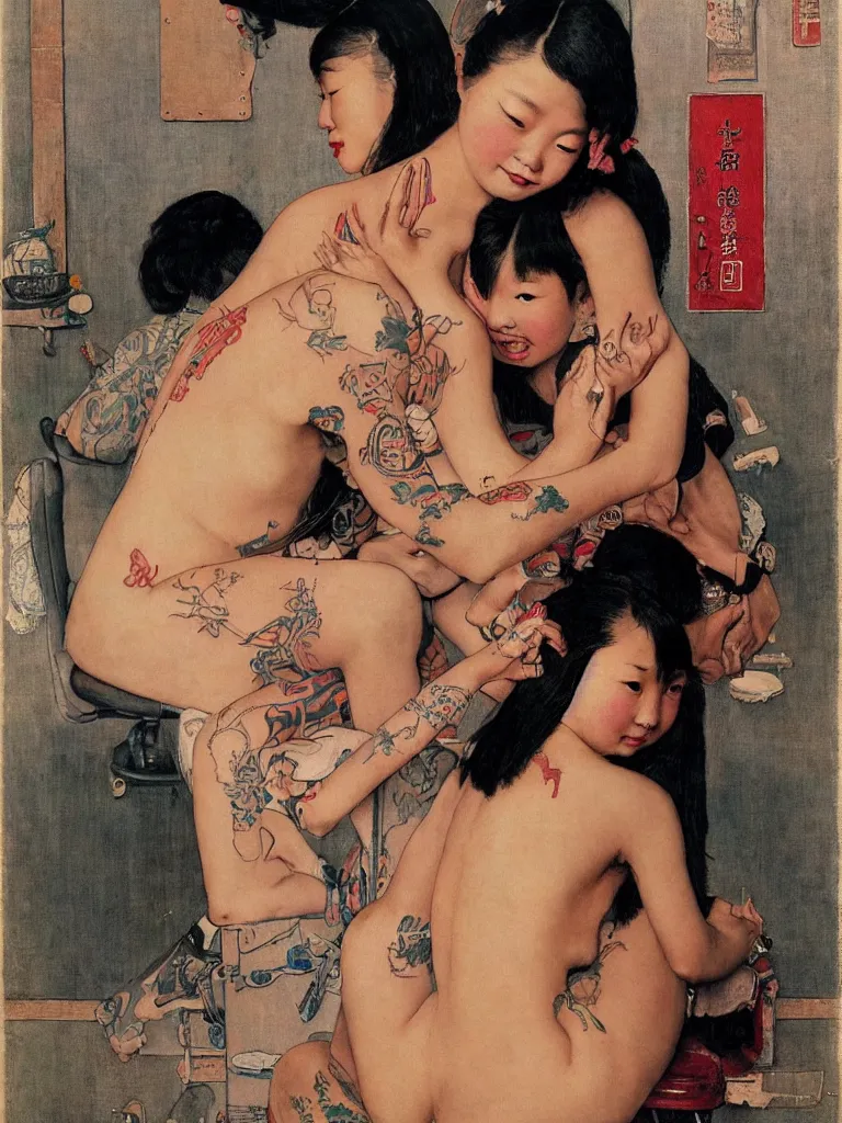 Image similar to a Portrait of a beautiful Asian girl getting a tattoo of a dragon on her back by Norman Rockwell