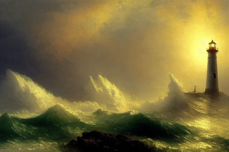 Image similar to lighthouse lit by crepuscular ray of sun, dark, stormy, cliff, crashing waves, sea, headland, carl spitzweg, david curtis, jmw turner, ivan aivazovsky, morgan weistling, seascape