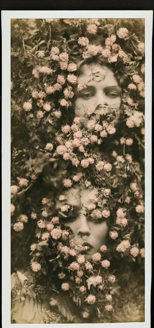 Image similar to portrait of a beautiful woman covered in flowers, Forest, ray gods, 1910 polaroid photography