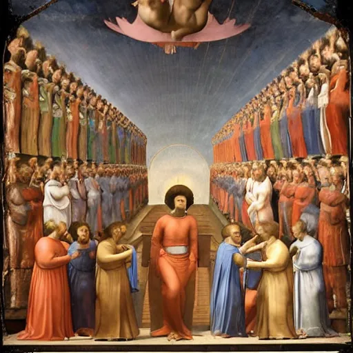 Prompt: Moodymann ascends to Heaven on a flying turntable, fresco, by Raphael, Giotto, Michelangelo
