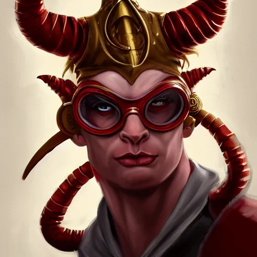 Prompt: Red skinned Male Tiefling alchemist with gold rimmed goggles and long horns, highly detailed, ominous, artgerm, digital illustration, concept art, 8k, trending on artstation