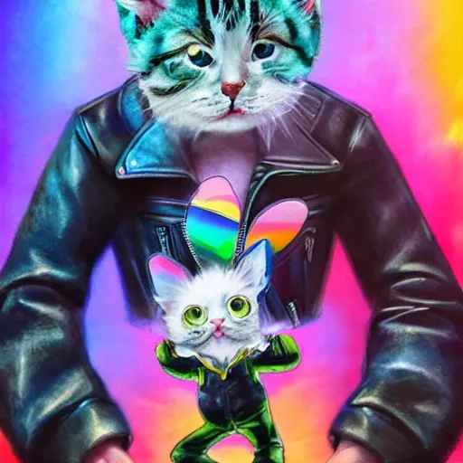 Image similar to wide angle full body, jacket wearing fluffy cute rainbow kitten wearing a black leather motorcycle jacket, riding on a motorcycle, cinematic concept art