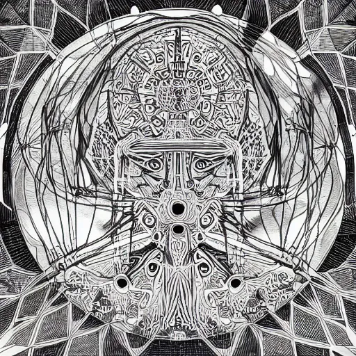 Prompt: Geometrically surreal DaVinci extremely high detail, photorealistic, intricate line drawings, dotart, album art in the style of James Jean