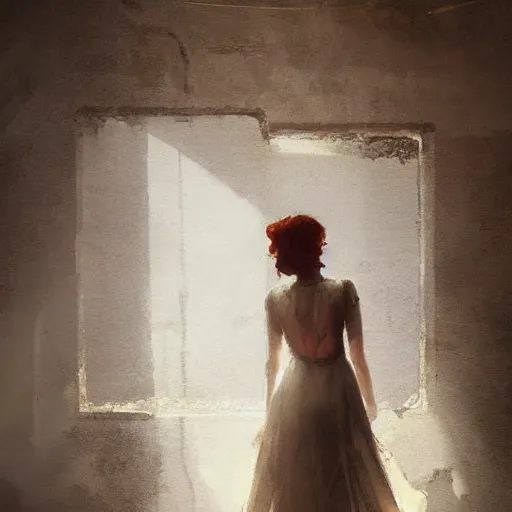 Image similar to A woman in a wedding dress in a dilapidated room, long shadow, dark room, vintage shading, warm colors, by Greg Rutkowski, artstation