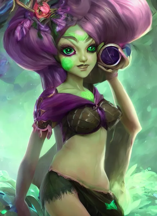 Image similar to lulu short fairy witch with green eyes, from league of legends, purple skin, au naturel, hyper detailed, digital art, trending in artstation, cinematic lighting, studio quality, smooth render, fluorescent skin, unreal engine 5 rendered, octane rendered, art style by klimt and nixeu and ian sprigger and wlop and krenz cushart