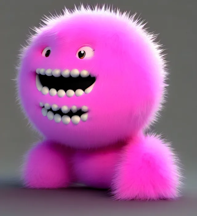 Image similar to high quality 3 d render hyperrealistic very cute big pink little spherical creature, happy, smile, plush mascot, short spiky dense fluffy smooth fur, isometric view, pink fluffy fur, 1 5 0 mm, beautiful natural soft light, rim light, smooth background, artstation, ultra detailed, elegant, ultra detailed, metallic armor, octane render