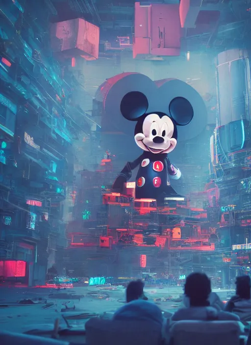 Image similar to giant destroyed head of robotic mickey mouse surrounded by people, inside of abandoned netflix office, cyberpunk, by beeple, dystopia, golden ratio, octane render, redshift, trending on artstation, 8 k