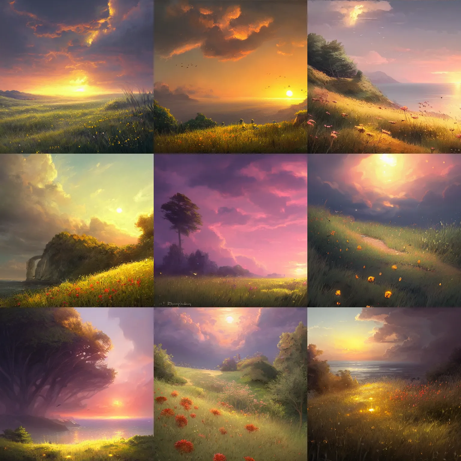 Prompt: landscape, sunset, fireflies, meadow, flowers, beautiful clouds, sea, cliff, detailed illustration, hd, 4k, digital art, overdetailed art, by greg rutkowski, complementing colors, Trending on artstation, deviantart