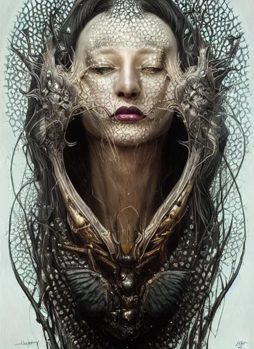 Prompt: full portrait of queen of the last hive, black metal shiny skin. intricate, elegant, highly detailed, centered, digital painting, artstation, concept art, smooth, sharp focus, illustration, artgerm, tomasz alen kopera, peter mohrbacher, donato giancola, joseph christian leyendecker, wlop, frank frazetta