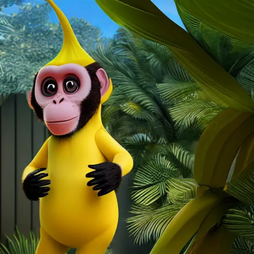 Image similar to digital art of a monkey in a banana costume, 8 k render, octane render, saturated