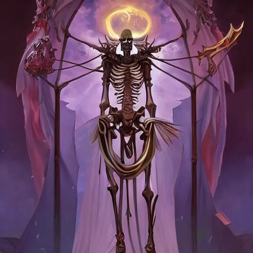 Image similar to Tall skeleton overlord, covered with royal robes, magic caster, wide shoulders, evil aura, full body shot, anime style, AINZ, 90's modern art, art by artgerm and greg rutkowski and alphonse mucha