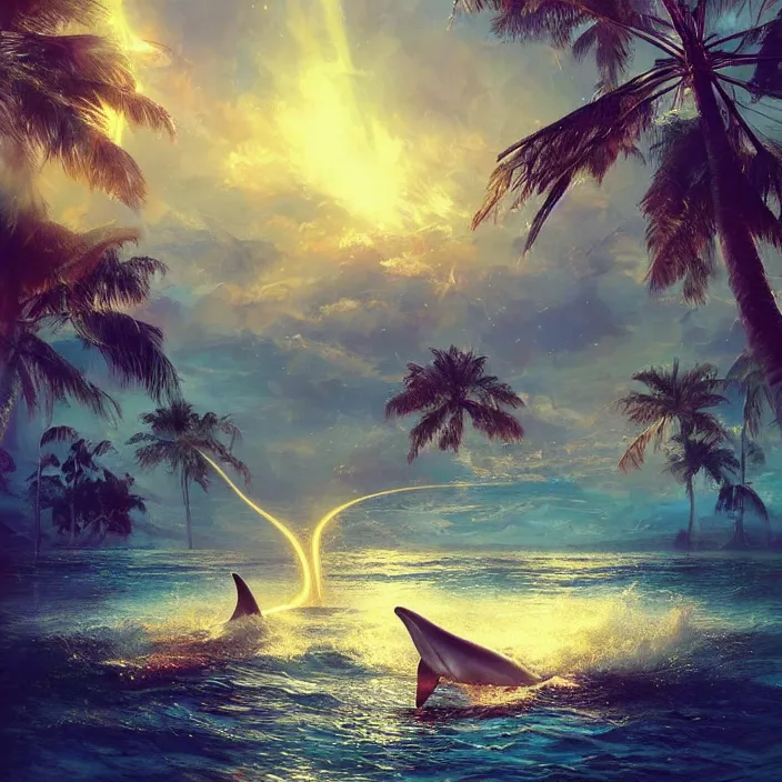 Image similar to dolphins swimming, golden hour, god rays, dreamscape by artgerm and ruan jia and ismail inceoglu and greg olsen, cosmos, milky way galaxy, masterpiece, beautiful, intricate, elegant, highly detailed, palm trees