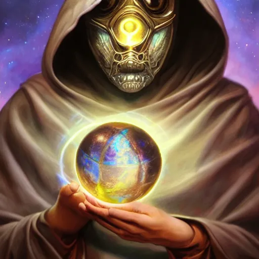 Image similar to masked nomad male wearing a cloak on an alien world and holding a holographic planet projection in his hand, detailed, sci - fi, digital painting, artstation, sharp focus, illustration, ominous, artgerm, tomasz alen kopera, peter mohrbacher, donato giancola, joseph christian leyendecker, wlop, frank frazetta