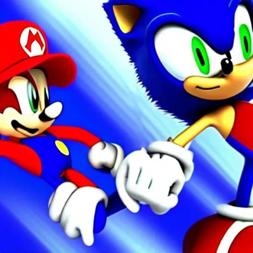 Image similar to film still of sonic the hedgehog and super mario fighting to tye death