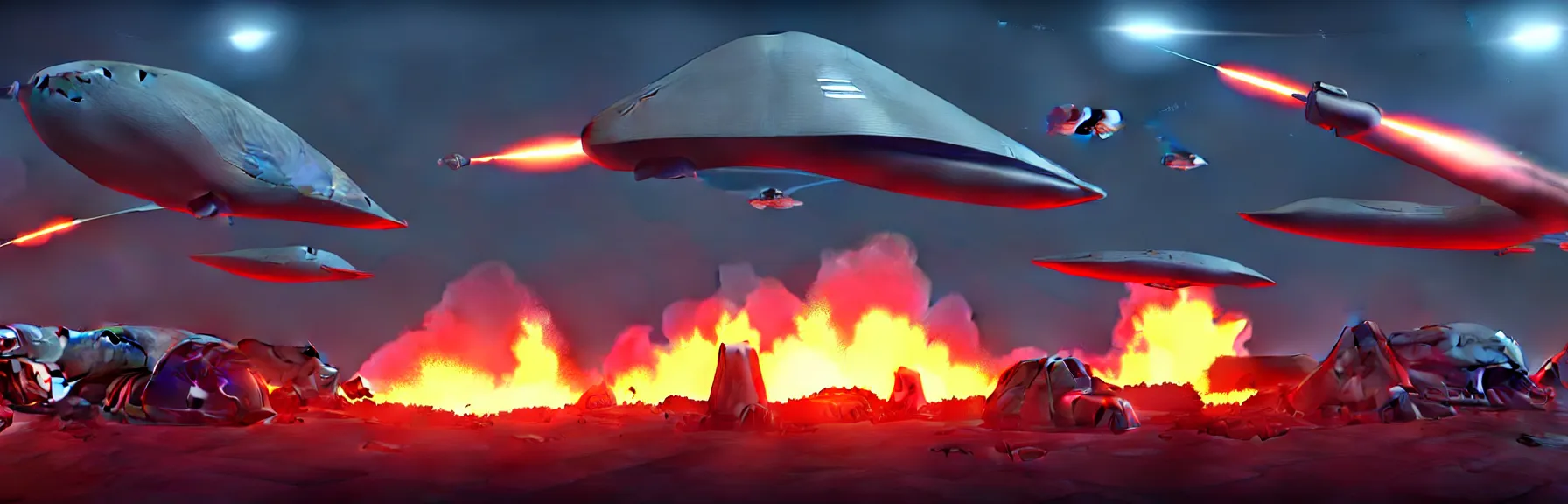 Prompt: sci - fi high tech tents are on fire. mighty futuristic zeppelins hover in the sky above you, cruise missile strikes, a little further away, a camp is bombarded from the air, intricate and epic concept art, highly detailed, 8 k, cinematic ; artstation, unreal engine 5