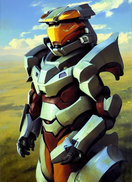 Image similar to Greg Manchess painting of a Corgi head on a combination of Metroid Prime Armor and Forerunner Armor from Halo, countryside, calm, fantasy character portrait, dynamic pose, above view, sunny day, thunder clouds in the sky, artwork by Jeremy Lipkin and Giuseppe Dangelico Pino and Michael Garmash and Rob Rey, very coherent asymmetrical artwork, sharp edges, perfect face, simple form, 100mm