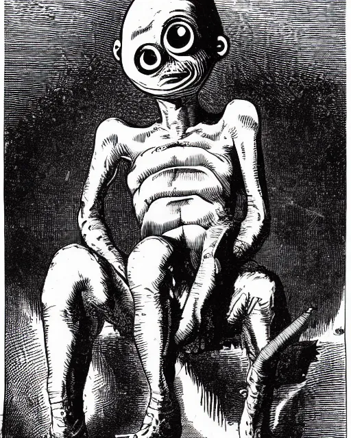 Prompt: 19th century wood-engraving of a bald cute and friendly humanoid creature called Mudokon, whole page illustration from Jules Verne book titled Oddworld: Abe's Oddysee, art by Édouard Riou Jules Férat and Henri de Montaut, portrait, high quality, beautiful, highly detailed, removed watermarks